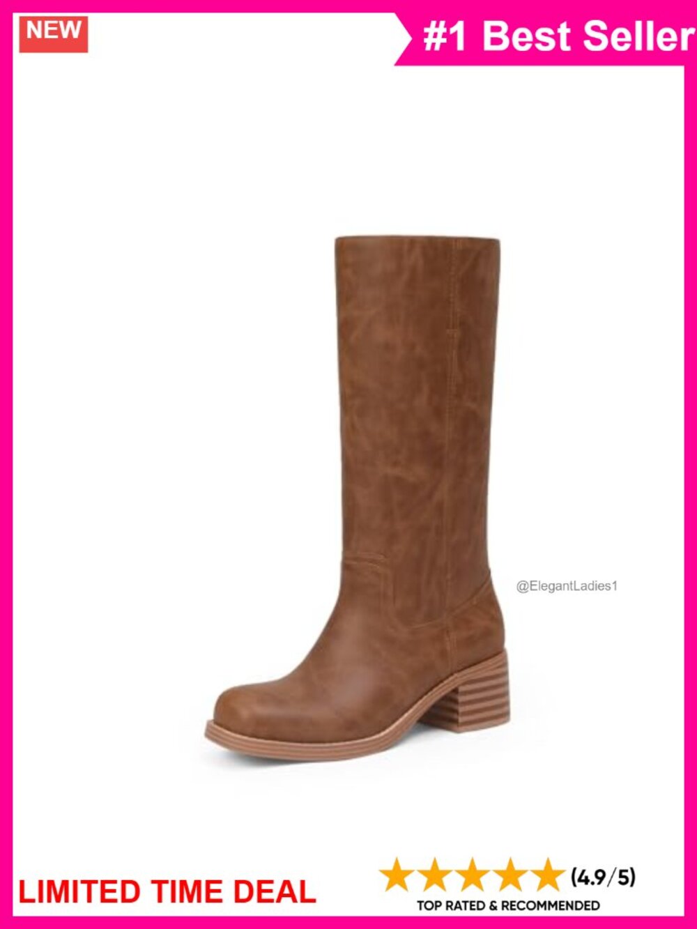 Faux Leather Mid Calf Boots Block Heel Square Toe